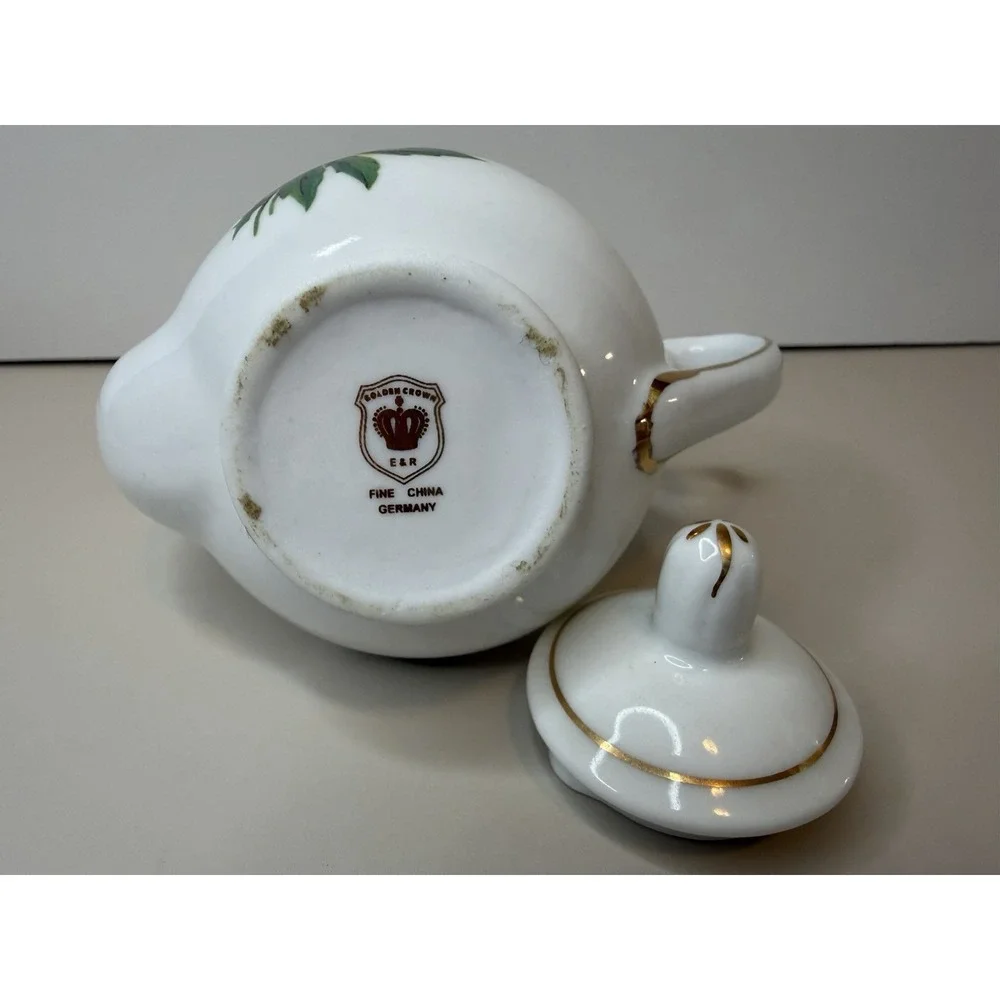Golden Crown E& R Germany  3 1/2 in Mini Birthday Teapot White  Floral December